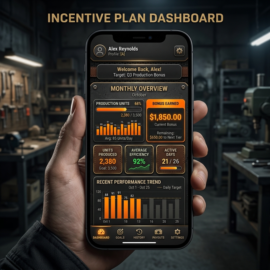 CraftBelt Mobile UI showing PayCrew Incentive Dashboard