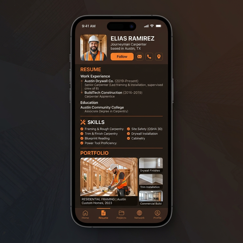 CraftBelt Mobile UI showing Digital Resume